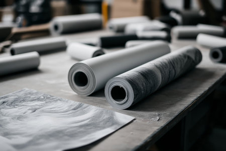 rolls of wallpaper on a table in a room being renovatedの素材