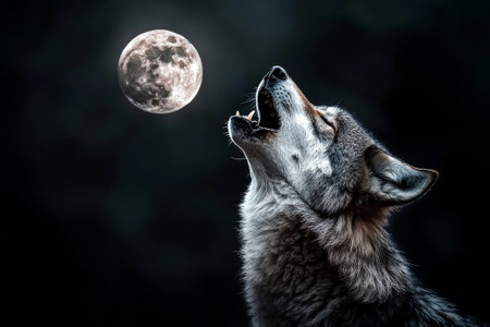 grey wolf howling and full moon at dark nightの素材