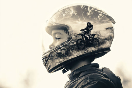 Double exposure of boy dreaming ride on motoの素材