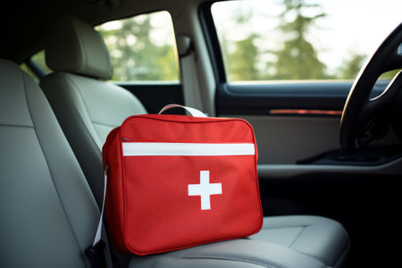 red first aid kit bag with a cross symbol on seat in carの素材