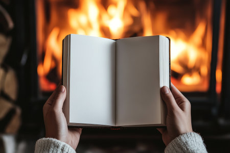 hands with empty white book and fireplace on backgroundの素材