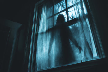 Blurred ghost silhouette in bedroom window at night horror sceneの素材