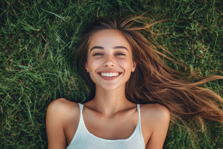young woman lying on green grassの素材