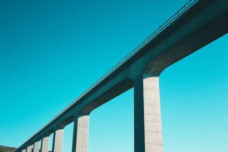 A photo of a long bridge taken from a low angle with a blue sky in the backgroundの素材