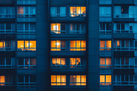 windows of tall apartment building at night with light onの素材