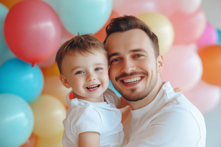 Happy man and kid wearing a white clothes with colorful balloons for birthdayの素材