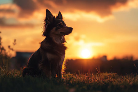 cute dog sitting on sunset with copy spaceの素材