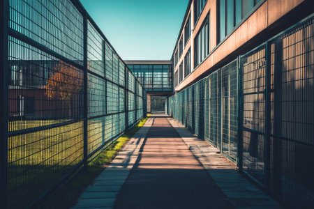 Prison walk with fences and building viewの素材