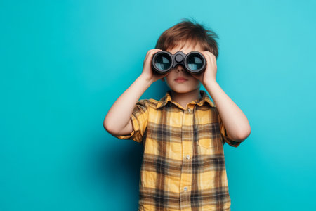 Boy in shirt with binoculars looking on blue backgroundの素材
