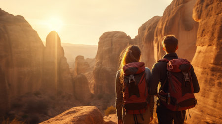 couple with backpacks in sandstone canyon in sunset lightの素材