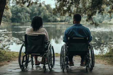 back view of happy disabled couple in a wheelchairs in the summer parkの素材
