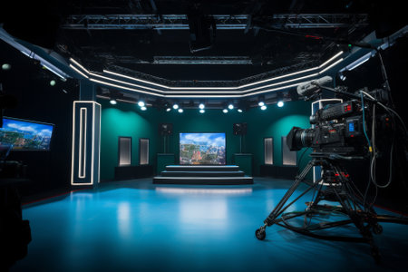 modern TV camera shooting in tv studio with copy spaceの素材