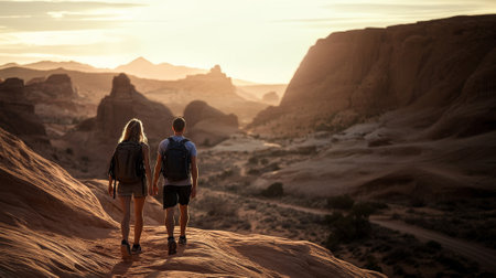 couple with backpacks in sandstone canyon in sunset light with copy space for textの素材