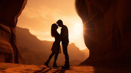 silhouette of couple in sandstone canyon on sunsetの素材