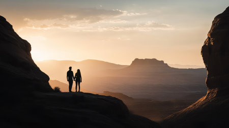 silhouette of couple in love in sandstone canyonの素材