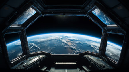 view from space station window on planetの素材