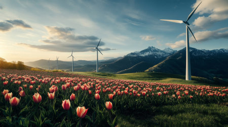 colorful tulip field and windmills in the sunset lightの素材