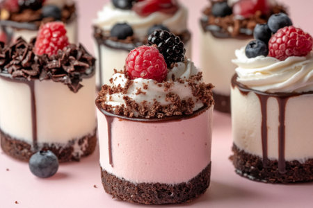 Close up of mini cakes decorated with berries, chocolate, and cream on a pink background. Sweet pastry and confectionery conceptの素材