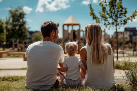 back view of young parents sitting with their child near the modern playground in summer parkの素材