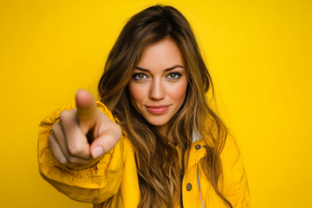 woman in yellow autumn jacket pointing forward to camera over yellow backgroundの素材