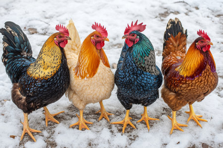 brown chickens on white snow in winterの素材