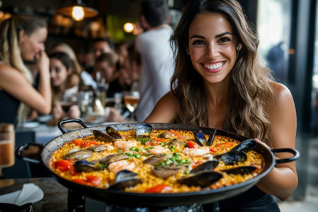 smiling woman eating paella in restaurantの素材