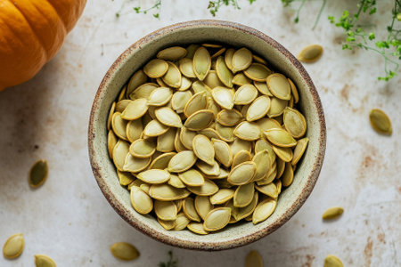 top view of bowl with golgen pumpkin seedsの素材