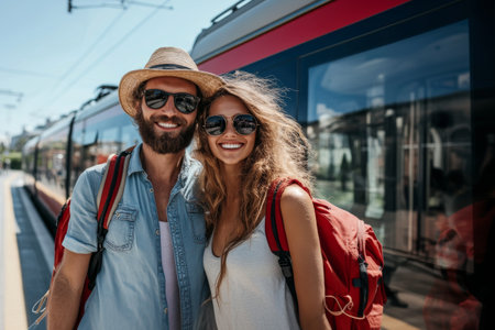 cheerful young tourists and modern train on the backgroundの素材