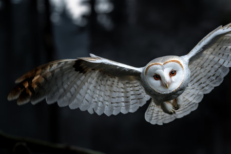 front view of barn owl flying towards the camera with wings fully spread in the forestの素材