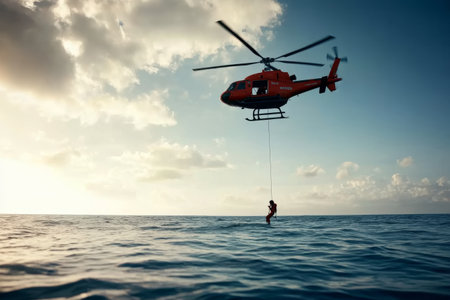 red helicopter is hovering in mid-air with a rescuer being on a cableの素材