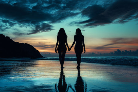 silhouette of female gay couple holding hands on beautiful sunset near seaの素材