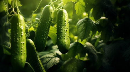 green cucumbers growing in the gardenの素材