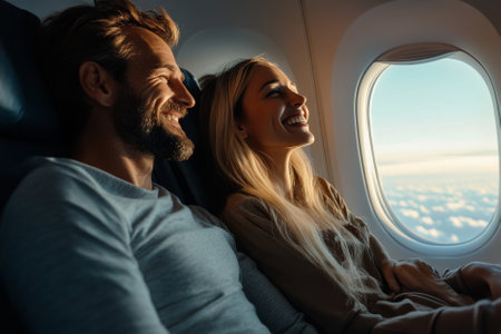 happy couple of tourists sitting in modern airplaneの素材