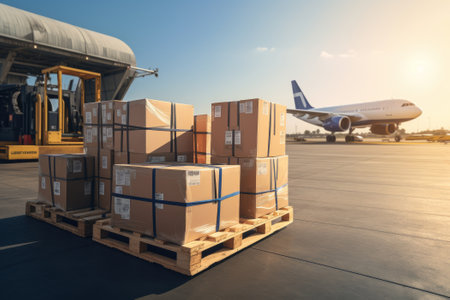 cardboard boxes on the pallets in the airport, modern airplane in the background. Shipping conceptの素材