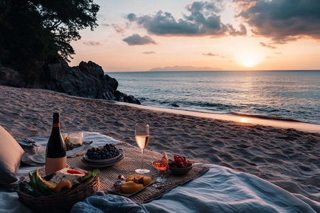 romantic picnic on the sunset beach with copy spaceの素材