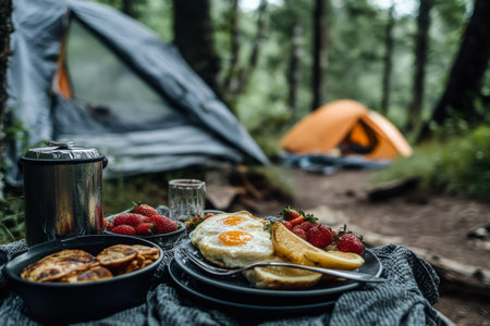 breakfast picnic mood on nature camping in forestの素材