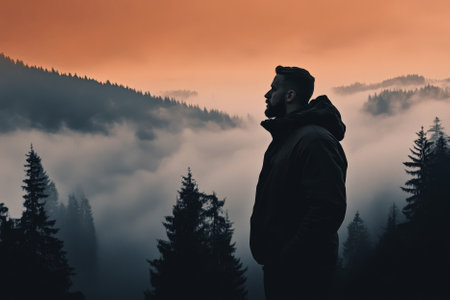Silhouette of a man standing in a foggy forest with misty mountains in the backgroundの素材