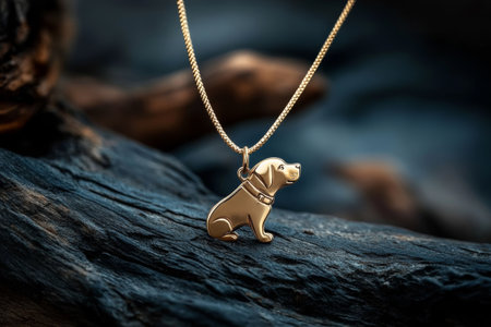 close up of golden dog shaped pendant on the chainの素材