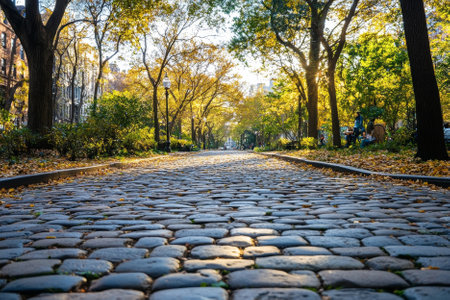 A low angle view of a cobblestone path in an urban parkの素材