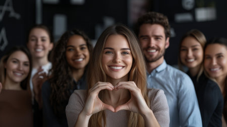 close up of female hands making heart shape and people smiling on the backgroundの素材