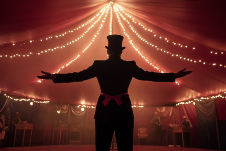 Back view of circus ringmaster in circus tent with lightsの素材
