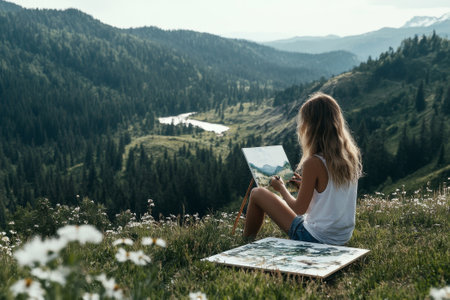 woman paints beautiful landscape on canvas against summer forest background with copy spaceの素材