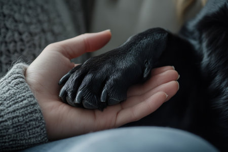 close up of dog's paw in female handの素材