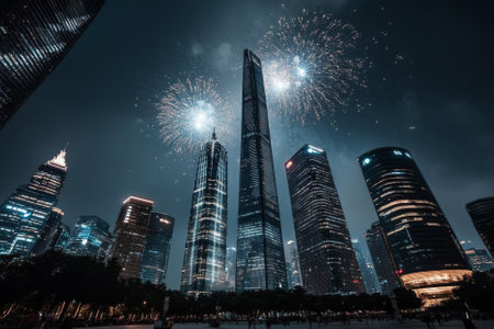 fireworks in the night sky with modern city with skyscrapersの素材