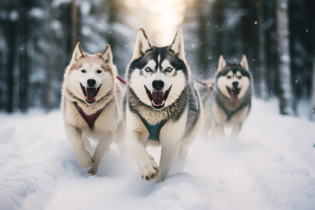 husky dogs running in a sled on snowの素材