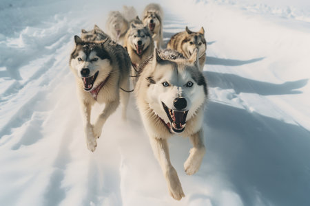 husky dogs running in a sled on snowの素材