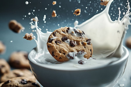cookies falling into milk with splashesの素材