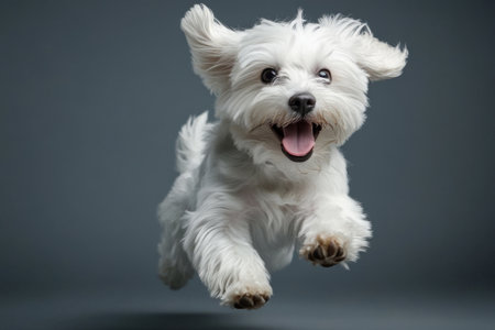 front view of funny running dog in studioの素材