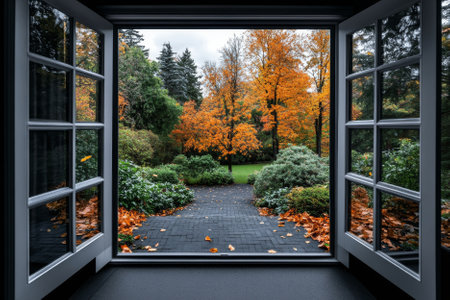open window with autumn garden viewの素材