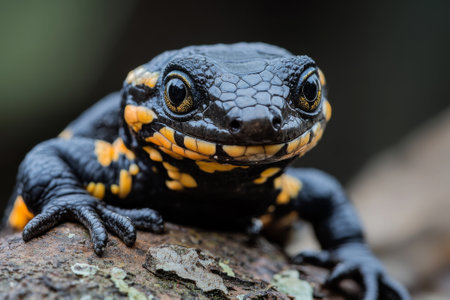 cute black and yellow salamandra sitting on stoneの素材